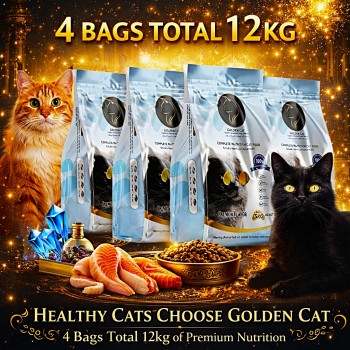 GOLDEN CAT Salmon Flavored Adult Dry Cat Food 12kg (4 x 3kg Pack) | Premium Complete & Balanced Nutrition for Adult Cats | High Protein Omega-3 Formula for Healthy Skin, Shiny Coat, Strong Digestion, Immunity & Energy | EU Standard Cat Food