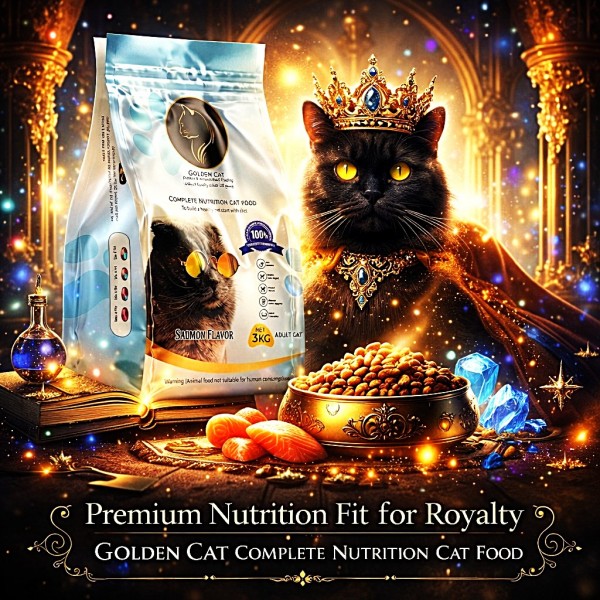GOLDEN CAT Salmon Flavored Adult Dry Cat Food 3kg | Premium Complete & Balanced Nutrition for Adult Cats | High Protein Formula with Omega-3 for Healthy Skin, Shiny Coat, Strong Digestion, Immunity & Energy Support | EU Quality Cat Food
