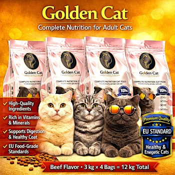 Golden Cat Beef Adult Dry Cat Food 3kg x 4 Bags (12kg Total) – High Protein 29% Complete & Balanced Nutrition for Adult Cats – Premium EU Standard Cat Food with Taurine, Vitamins & Minerals for Healthy Digestion, Coat & Bones
