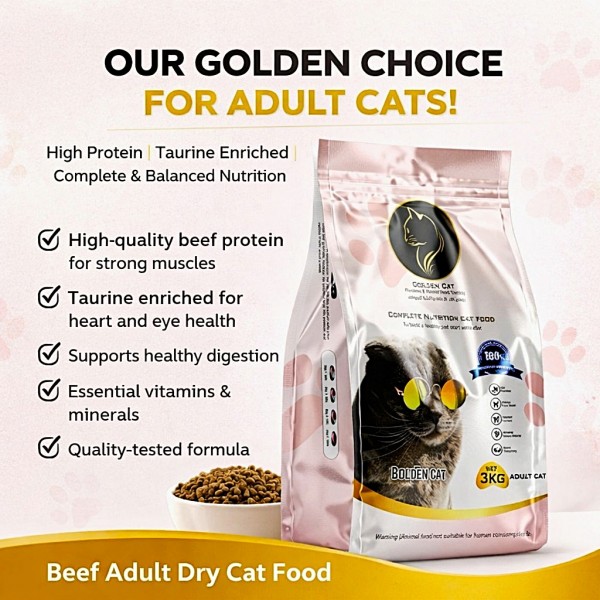 Golden Cat Beef Adult Dry Cat Food 3kg – High Protein 29% Premium Cat Food – Complete Balanced Nutrition for Adult Cats – Rich in Taurine, Vitamins & Minerals – Supports Healthy Digestion, Strong Bones & Shiny Coat – EU Quality Standard Pet Food