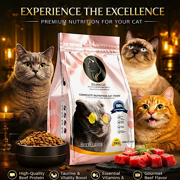 Golden Cat Beef Adult Dry Cat Food 3kg – High Protein 29% Premium Cat Food – Complete Balanced Nutrition for Adult Cats – Rich in Taurine, Vitamins & Minerals – Supports Healthy Digestion, Strong Bones & Shiny Coat – EU Quality Standard Pet Food