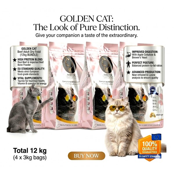 Golden Cat Beef Adult Dry Cat Food 3kg x 4 Bags (12kg Total) – High Protein 29% Complete & Balanced Nutrition for Adult Cats – Premium EU Standard Cat Food with Taurine, Vitamins & Minerals for Healthy Digestion, Coat & Bones
