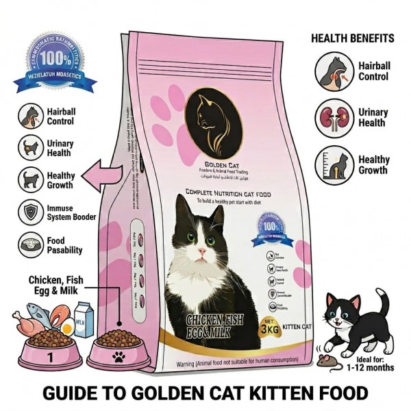 GOLDEN CAT Cat Dry Food Chicken Fish Egg & Milk Flavor 3kg x 4 Bags (Total 12kg) | 32% High Protein Premium Cat Food for Kittens, Adult & Mother Cats | Complete Nutrition Formula