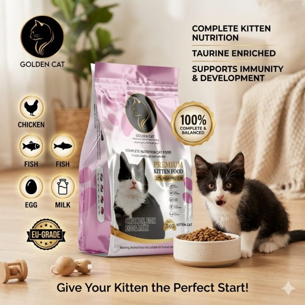 GOLDEN CAT Cat Dry Food Chicken Fish Egg & Milk Flavor 3kg x 4 Bags (Total 12kg) | 32% High Protein Premium Cat Food for Kittens, Adult & Mother Cats | Complete Nutrition Formula
