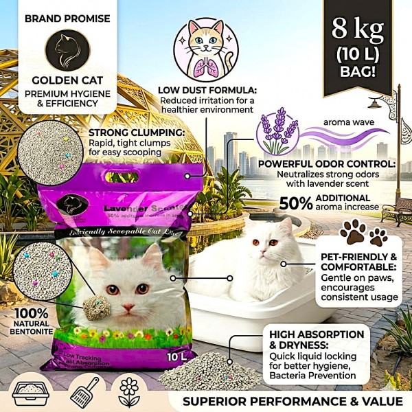 Golden Cat Bentonite Clumping Cat Litter 10L (8kg) – Lavender Scented, Strong Clumping Natural Clay, Odor Control, Dust-Free, Bacteria Prevention, Premium Scoopable Cat Litter
