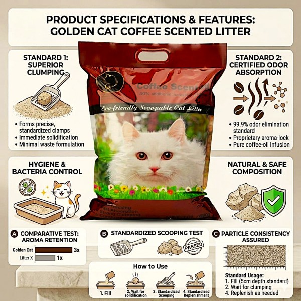 Golden Cat Bentonite Clumping Cat Litter 10L (8kg) – Coffee Scented, Strong Clumping Natural Clay, Odor Control, Dust-Free, Bacteria Prevention, Premium Scoopable Cat Litter