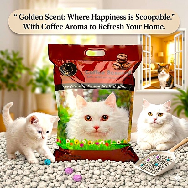 Golden Cat Bentonite Clumping Cat Litter 10L (8kg) – Coffee Scented, Strong Clumping Natural Clay, Odor Control, Dust-Free, Bacteria Prevention, Premium Scoopable Cat Litter