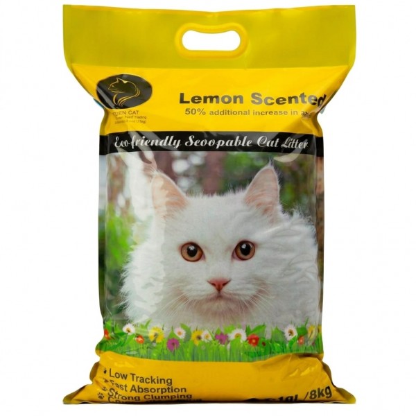 Golden Cat Bentonite Clumping Cat Litter 10L (8kg) – Lemon Scented, Super Condensed Natural Clay, Strong Clumping & Odor Control, Dust-Free, Bacteria Prevention, Eco-Friendly Scoopable Cat Litter