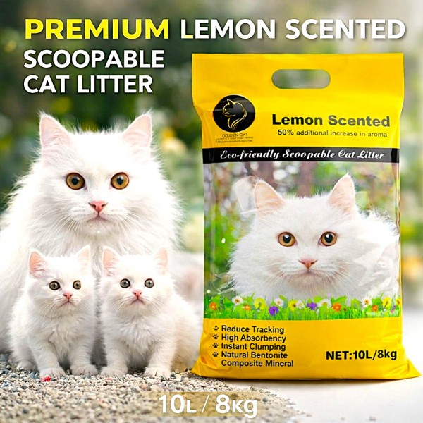 Golden Cat Bentonite Clumping Cat Litter 10L (8kg) – Lemon Scented, Super Condensed Natural Clay, Strong Clumping & Odor Control, Dust-Free, Bacteria Prevention, Eco-Friendly Scoopable Cat Litter