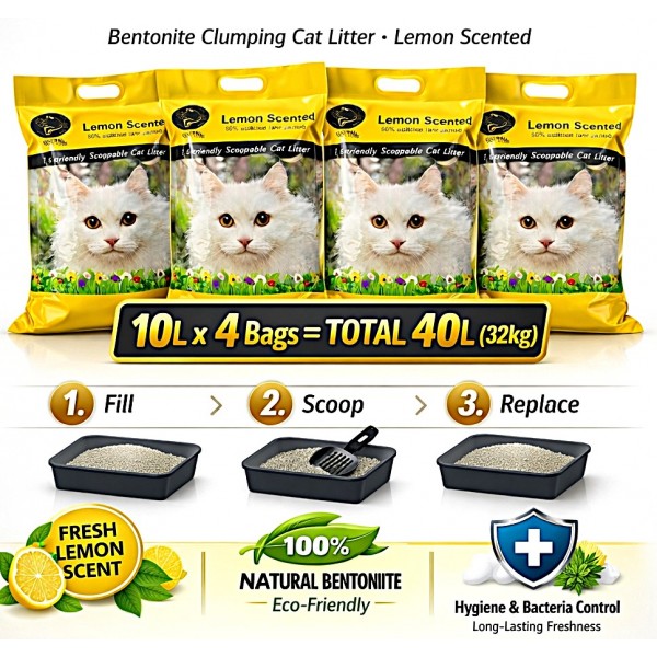 Golden Cat Bentonite Clumping Cat Litter 40L (32kg) – Lemon Scented (8kg x 4 Bags), Strong Clumping Natural Clay, Odor Control, Dust-Free, Bacteria Prevention, Premium Scoopable Cat Litter