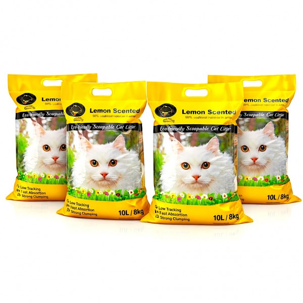 Golden Cat Bentonite Clumping Cat Litter 40L (32kg) – Lemon Scented (8kg x 4 Bags), Strong Clumping Natural Clay, Odor Control, Dust-Free, Bacteria Prevention, Premium Scoopable Cat Litter