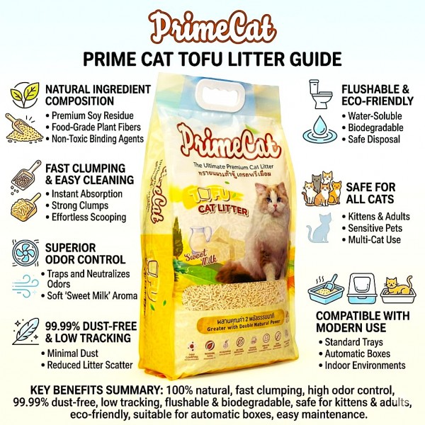 Prime Cat Tofu Cat Litter Sweet Milk 4.5kg (10L) Premium Natural Clumping Cat Litter Flushable Plant Based Soy Residue Dust Free Low Tracking Strong Odor Control Fast Absorption Safe for Kittens & Cats Multi Cat Household Eco Friendly Biodegradable