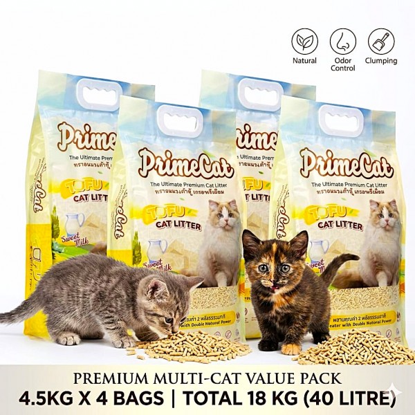 PrimeCat Tofu Clumping Cat Litter Sweet Milk Scent 18kg (40L) – 4 x 10L Bags Premium Natural Flushable Cat Litter Plant Based Soy Fiber Dust Free Fast Clumping Strong Odor Control Safe for Kittens & Cats Multi Cat Homes Eco Friendly Biodegradable