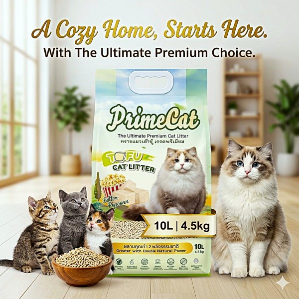 PrimeCat Tofu Cat Litter Butter Popcorn Scent 4.5kg (10L) | Premium Natural Flushable Clumping Cat Litter | 100% Plant-Based Dust-Free Odor Control Fast Absorption Low Tracking Safe for Kittens & Multi-Cat Households Eco-Friendly Cat Litter UAE