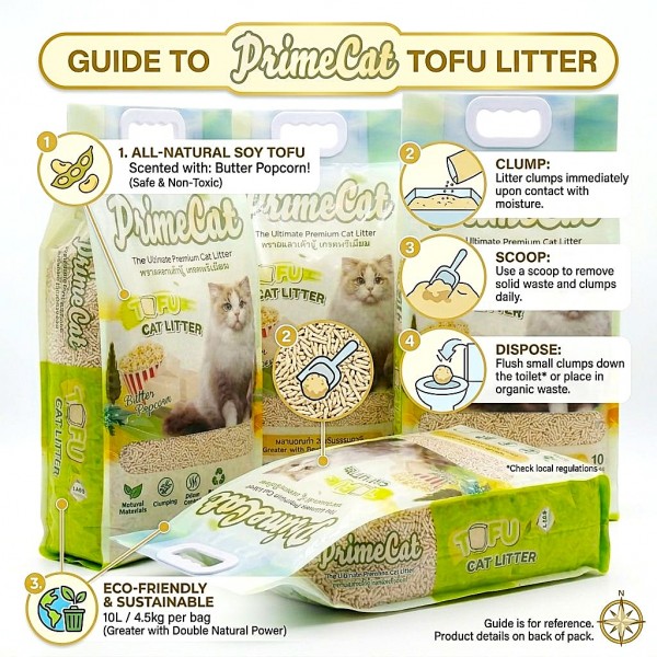 PrimeCat Tofu Clumping Cat Litter Butter Popcorn Scent 18kg (40L) – 4 x 10L Bags | Premium Natural Flushable Cat Litter | Dust-Free Strong Odor Control Fast Absorption Low Tracking Safe for Kittens & Multi-Cat Homes
