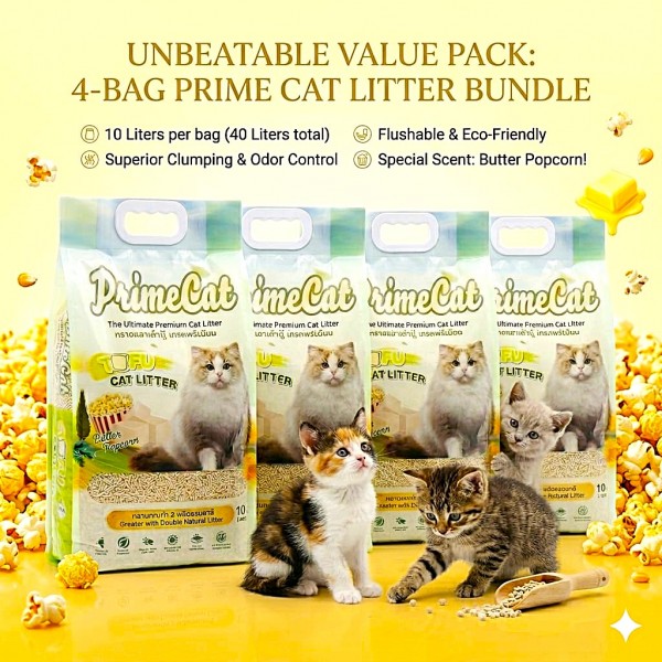 PrimeCat Tofu Clumping Cat Litter Butter Popcorn Scent 18kg (40L) – 4 x 10L Bags | Premium Natural Flushable Cat Litter | Dust-Free Strong Odor Control Fast Absorption Low Tracking Safe for Kittens & Multi-Cat Homes