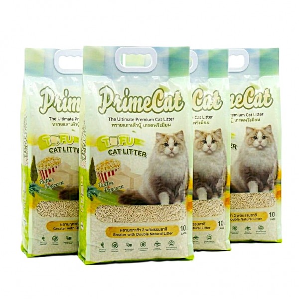 PrimeCat Tofu Clumping Cat Litter Butter Popcorn Scent 18kg (40L) – 4 x 10L Bags | Premium Natural Flushable Cat Litter | Dust-Free Strong Odor Control Fast Absorption Low Tracking Safe for Kittens & Multi-Cat Homes