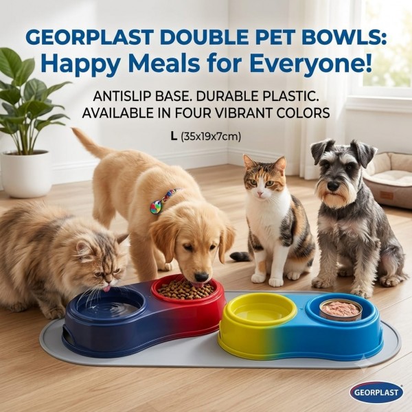 Georplast Premium Double Pet Bowl L (35×19×7 cm) – Lime Green | Anti-Slip Dual Dog & Cat Feeding Station | Durable Food-Grade Plastic Double Feeder for Food & Water | Easy Clean Non-Skid Pet Bowl