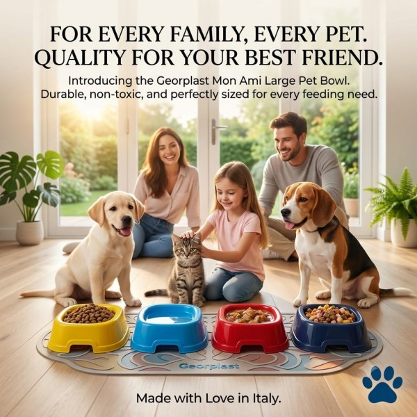 Georplast Mon Ami Large Square Plastic Pet Bowl Red 26x26x8.5 cm for Dogs & Cats – Durable Non-Toxic Food Grade Feeding & Water Dish, Anti-Slip Stable Base, Easy Clean Made in Italy Pet Bowl