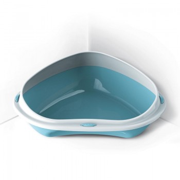 Georplast Shuttle Corner Cat Litter Tray Blue 49x40x17.5 cm Space Saving Corner Design High Sided Open Litter Box for Cats Durable Plastic Made in Italy