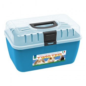 Georplast Twister Small Pet Transport Box – Blue Ventilated Travel Carrier for Hamsters, Guinea Pigs, Rabbits & Ferrets, Durable Portable Cage, 28×19×18 cm, Secure Lock Handle