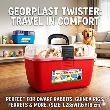 Georplast Twister Small Pet Transport Box – Red Ventilated Travel Carrier for Hamsters, Guinea Pigs, Rabbits & Ferrets, Durable Portable Cage, 28×19×18 cm, Secure Lock Handle