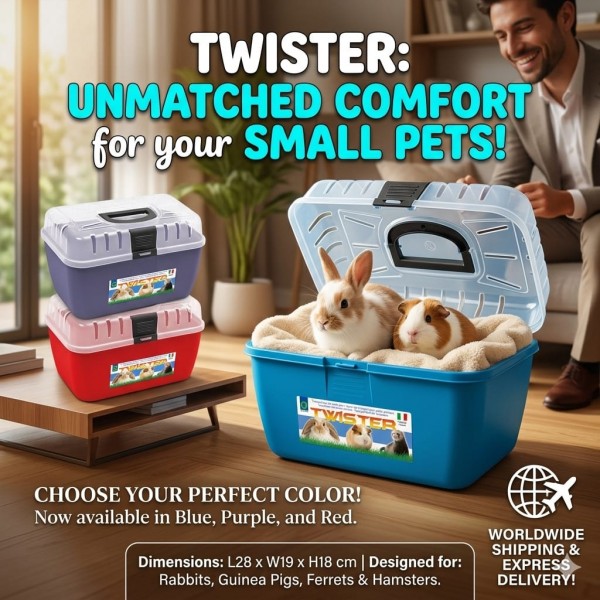 Georplast Twister Small Pet Transport Box – Blue Ventilated Travel Carrier for Hamsters, Guinea Pigs, Rabbits & Ferrets, Durable Portable Cage, 28×19×18 cm, Secure Lock Handle