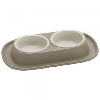 Georplast Soft Touch Double Bowl for Pets – Gray Non-Slip Dual Feeding Station with Removable 2 x 460ml Bowls | Easy-Clean Plastic Food & Water Bowl Set for Cats and Dogs