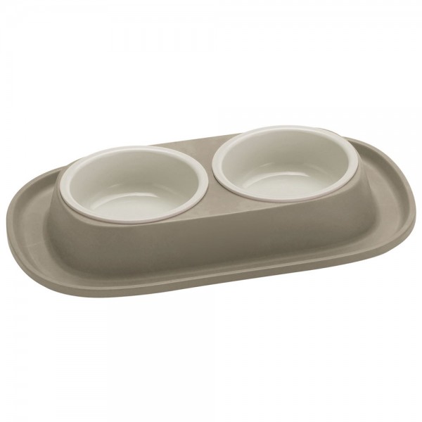 Georplast Soft Touch Double Bowl for Pets – Gray Non-Slip Dual Feeding Station with Removable 2 x 460ml Bowls | Easy-Clean Plastic Food & Water Bowl Set for Cats and Dogs