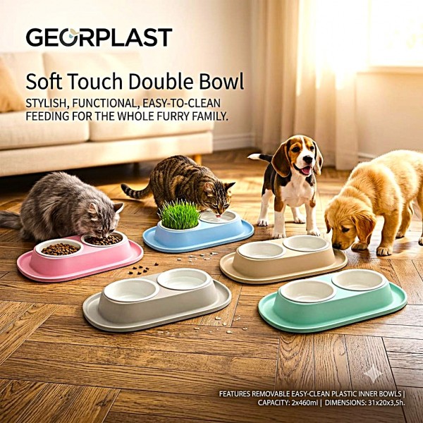 Georplast Soft Touch Double Bowl for Pets – Green Non-Slip Dual Feeding Station with Removable 2 x 460ml Bowls | Easy-Clean Plastic Food & Water Bowl Set for Cats and Dogs