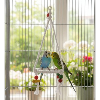 Pets Club Natural Wooden Bird Toy – Rope Swing with Beads & Perch, H 19 cm × W 16 cm – Bird Toy for Small to Medium Birds
