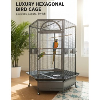 Jumbo Corner Parrot Cage – Black, 186 cm Tall × 110×110 cm Footprint – Pentagonal ‘Diamond’ Front, XXL Bird Aviary with Casters – DBB074-1