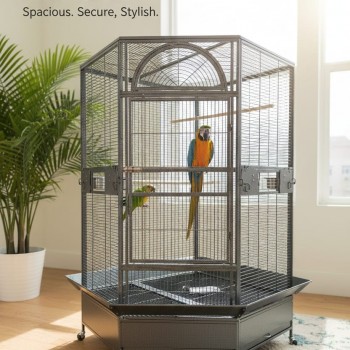 Jumbo Corner Parrot Cage – Black, 186 cm Tall × 110×110 cm Footprint – Pentagonal ‘Diamond’ Front, XXL Bird Aviary with Casters – DBB074-1