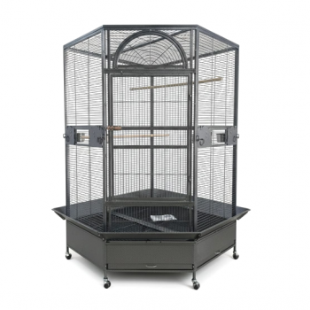 Jumbo Corner Parrot Cage – Black, 186 cm Tall × 110×110 cm Footprint – Pentagonal ‘Diamond’ Front, XXL Bird Aviary with Casters – DBB074-1