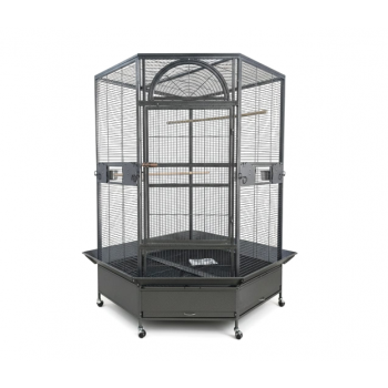 Jumbo Corner Parrot Cage – Black, 186 cm Tall × 110×110 cm Footprint – Pentagonal ‘Diamond’ Front, XXL Bird Aviary with Casters – DBB074-1