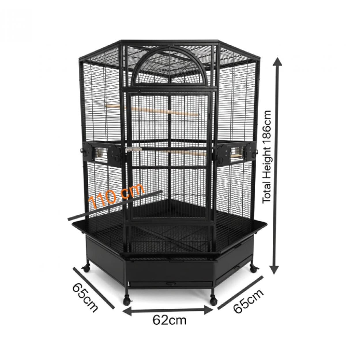 Image showcasing Jumbo Corner Parrot Cage – Black, 186 cm Tall × 110×110 cm Footprint ...