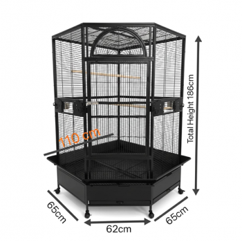 Jumbo Corner Parrot Cage – Black, 186 cm Tall × 110×110 cm Footprint – Pentagonal ‘Diamond’ Front, XXL Bird Aviary with Casters – DBB074-1