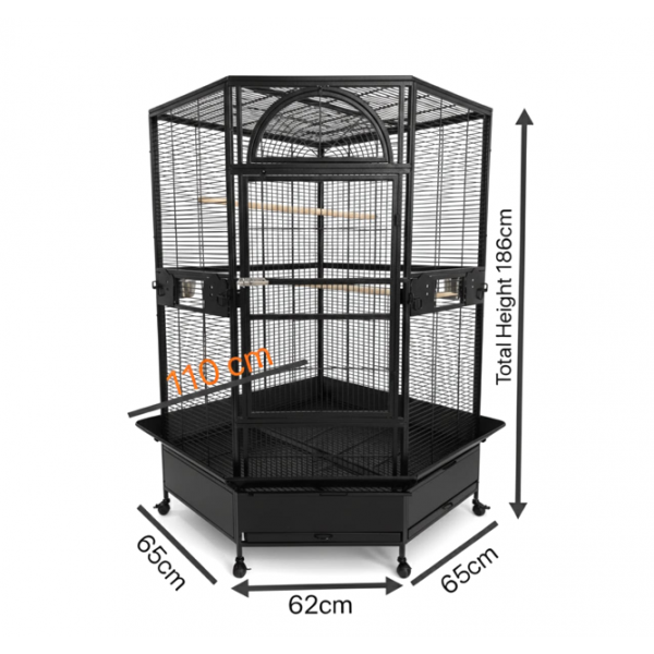Jumbo Corner Parrot Cage – Black, 186 cm Tall × 110×110 cm Footprint – Pentagonal ‘Diamond’ Front, XXL Bird Aviary with Casters – DBB074-1