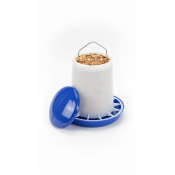 1kg Plastic Poultry Feeder with Feed Saver Ring, Lid & Handle – Yellow & White Chicken Feeder with Self-Regulating Feed Flow for Chicks and Adult Poultry