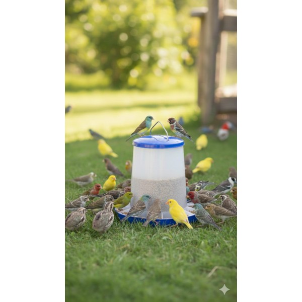 1kg Plastic Poultry Feeder with Feed Saver Ring, Lid & Handle – Yellow & White Chicken Feeder with Self-Regulating Feed Flow for Chicks and Adult Poultry