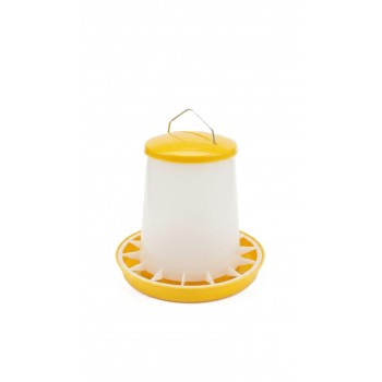 1kg Plastic Poultry Feeder with Feed Saver Ring, Lid & Handle – Yellow & White Chicken Feeder with Self-Regulating Feed Flow for Chicks and Adult Poultry