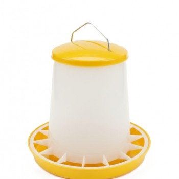 1kg Plastic Poultry Feeder with Feed Saver Ring, Lid & Handle – Yellow & White Chicken Feeder with Self-Regulating Feed Flow for Chicks and Adult Poultry