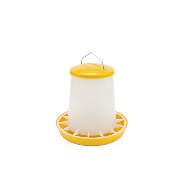 1kg Plastic Poultry Feeder with Feed Saver Ring, Lid & Handle – Yellow & White Chicken Feeder with Self-Regulating Feed Flow for Chicks and Adult Poultry
