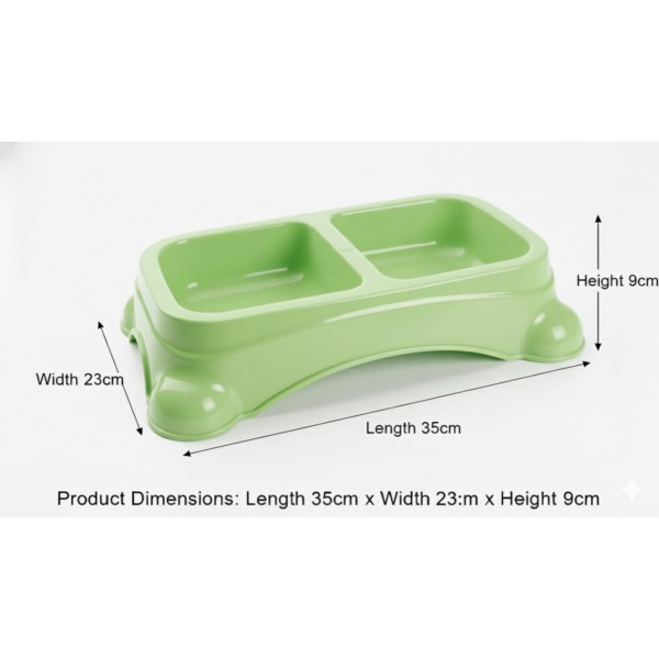 Large Double Pet Food & Water Bowl | Dual Feeding Station for Cats & Small Dogs | Durable Plastic Multi-Pet Bowl (Color: Baby Green) (35 × 23 × 9 cm)
