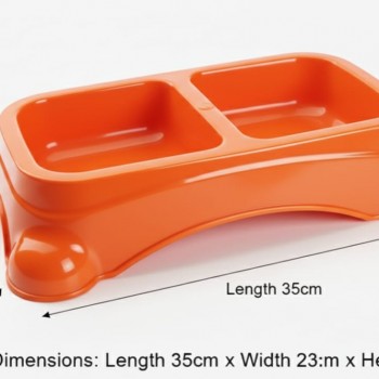 Large Double Pet Food & Water Bowl | Dual Feeding Station for Cats & Small Dogs | Durable Plastic Multi-Pet Bowl (Color: Orange) (35 × 23 × 9 cm)