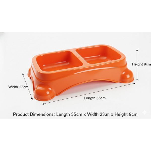 Large Double Pet Food & Water Bowl | Dual Feeding Station for Cats & Small Dogs | Durable Plastic Multi-Pet Bowl (Color: Orange) (35 × 23 × 9 cm)