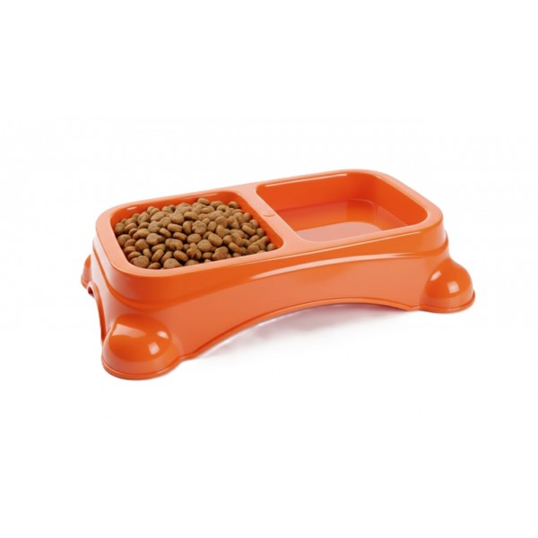 Large Double Pet Food & Water Bowl | Dual Feeding Station for Cats & Small Dogs | Durable Plastic Multi-Pet Bowl (Color: Orange) (35 × 23 × 9 cm)