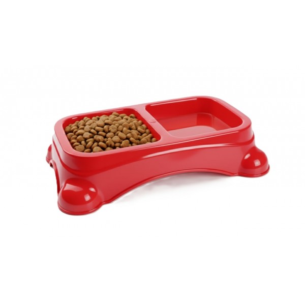 Large Double Pet Food & Water Bowl | Dual Feeding Station for Cats & Small Dogs | Durable Plastic Multi-Pet Bowl (Color: Red) (35 × 23 × 9 cm)