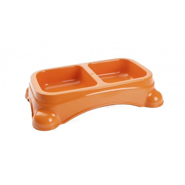 Large Double Pet Food & Water Bowl | Dual Feeding Station for Cats & Small Dogs | Durable Plastic Multi-Pet Bowl (Color: Orange) (35 × 23 × 9 cm)