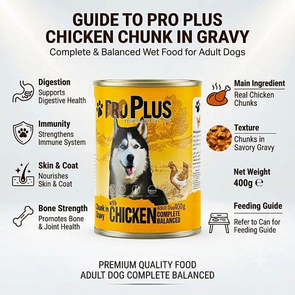 Pro Plus Premium Quality Dog Food – Chicken Chunks in Gravy, Complete Adult Nutrition, 400 g × 12 Cans